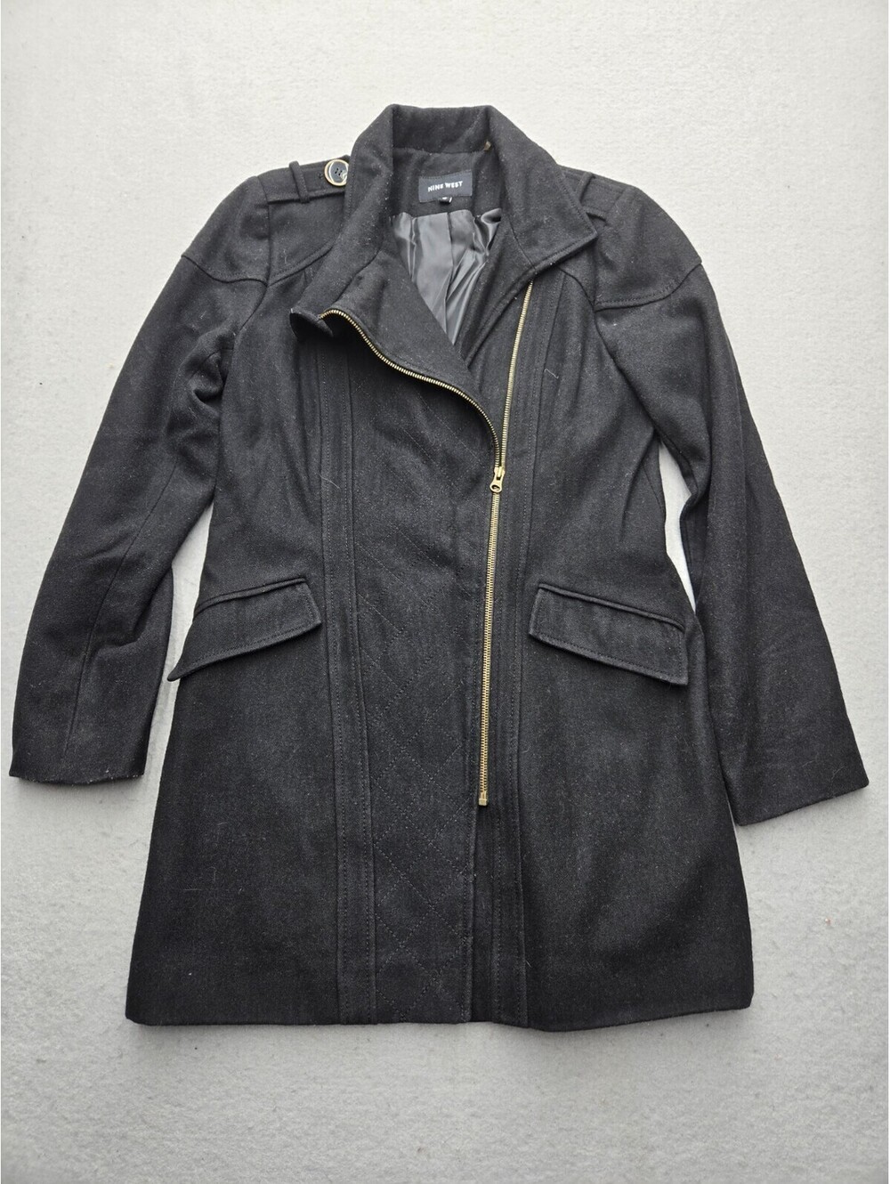 Nine West Women's Coat Size 10 Black Asymetrical Collared Pockets Gold Zipper
